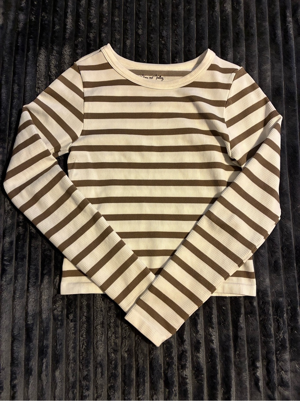 Striped Long Sleeve Ribbed Tee - Cream & Brown